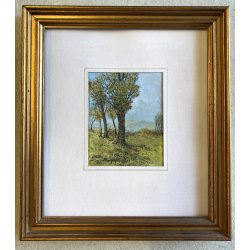 PICCOLO DIPINTO OLIO CARTONE "Dolce autunno" VEDUTA COLLINE LAGO MAGGIORE 1955