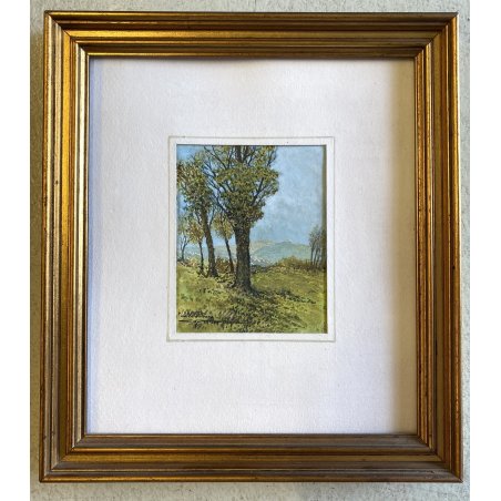 PICCOLO DIPINTO OLIO CARTONE "Dolce autunno" VEDUTA COLLINE LAGO MAGGIORE 1955