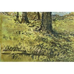 PICCOLO DIPINTO OLIO CARTONE "Dolce autunno" VEDUTA COLLINE LAGO MAGGIORE 1955