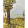 PICCOLO DIPINTO OLIO CARTONE "Dolce autunno" VEDUTA COLLINE LAGO MAGGIORE 1955