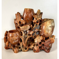 ANTICA COMPOSIZIONE VASI INTAGLIO PIETRA SAPONARIA ARTE ORIENTALE 19x6,5x15cm/h