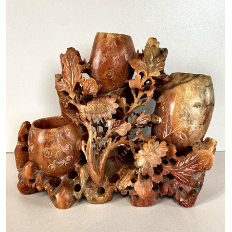 ANTICA COMPOSIZIONE VASI INTAGLIO PIETRA SAPONARIA ARTE ORIENTALE 19x6,5x15cm/h