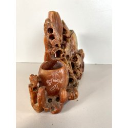 ANTICA COMPOSIZIONE VASI INTAGLIO PIETRA SAPONARIA ARTE ORIENTALE 19x6,5x15cm/h