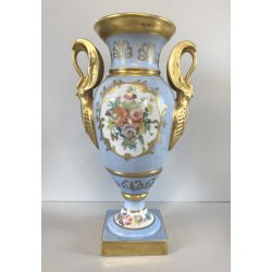 VASO PORCELLANA AZZURRA ORO Limoges FRANCE DECORO BOUQUET FIORI DIPINTO A MANO