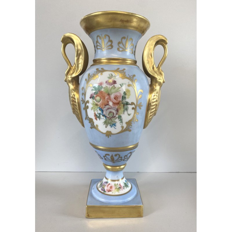 VASO PORCELLANA AZZURRA ORO Limoges FRANCE DECORO BOUQUET FIORI DIPINTO A MANO