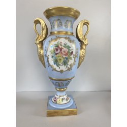 VASO PORCELLANA AZZURRA ORO Limoges FRANCE DECORO BOUQUET FIORI DIPINTO A MANO