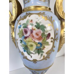 VASO PORCELLANA AZZURRA ORO Limoges FRANCE DECORO BOUQUET FIORI DIPINTO A MANO