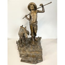 ANTICA SCULTURA BRONZO "PASTORELLO con CAPRA" SCUOLA NAPOLETANA 40 cm/h XX sec