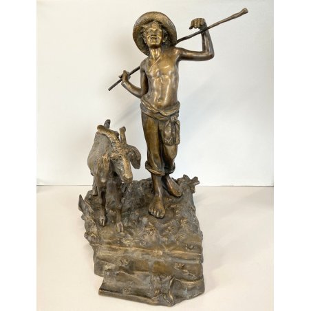 ANTICA SCULTURA BRONZO "PASTORELLO con CAPRA" SCUOLA NAPOLETANA 40 cm/h XX sec