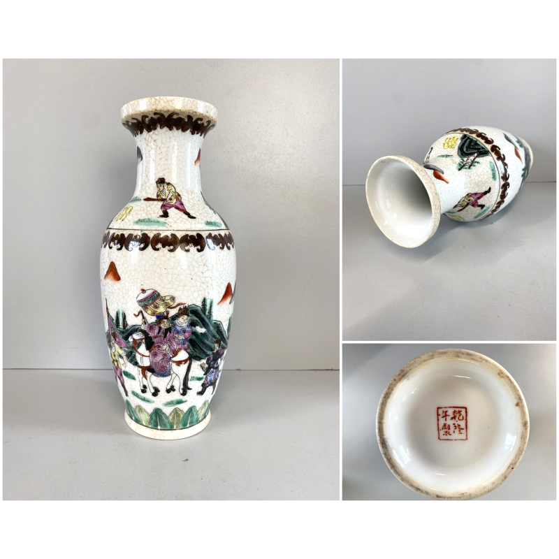 VASO PORCELLANA CINESE NANCHINO ISTORIATO SCENE GUERRIERI CRAQUELé 25 cm/h '50