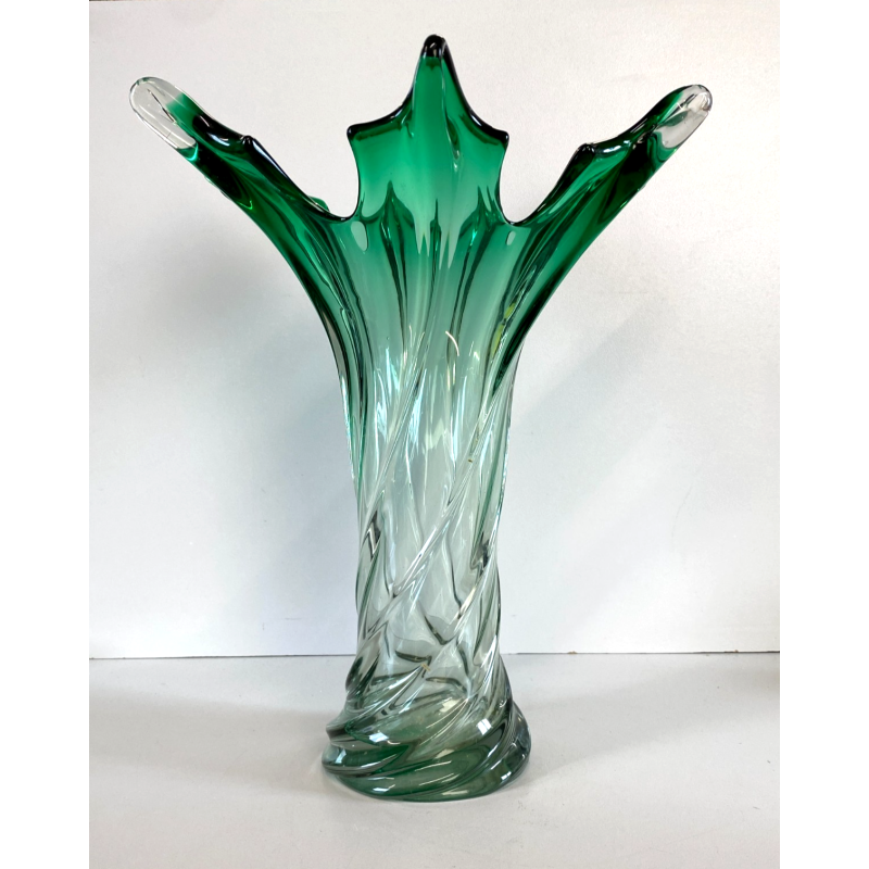VASO VETRO SOMMERSO Murano DESIGN SWIRL VERDE TRASPARENTE COSTOLATO RITORTO '50