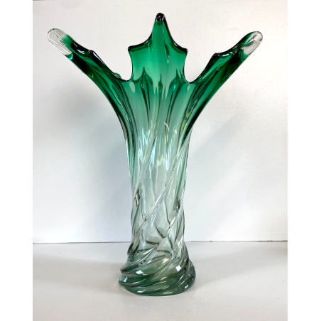 VASO VETRO SOMMERSO Murano DESIGN SWIRL VERDE TRASPARENTE COSTOLATO RITORTO '50