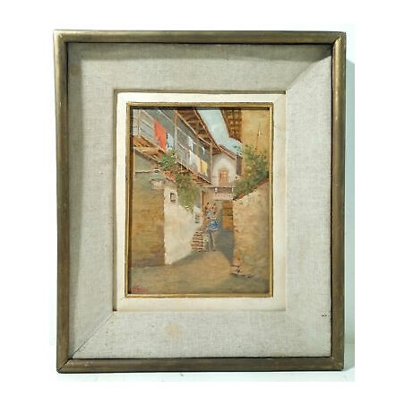 DIPINTO ANTONIO POLLINI BELGIRATE LAGO MAGGIORE BORGO PAESE QUADRO OLIO TAVOLA