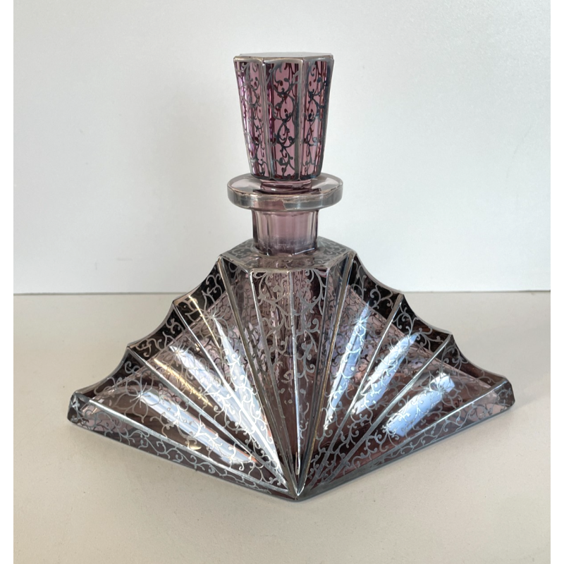 ANTICA BOTTIGLIA LIBERTY DECANTER CRISTALLO MOLATO VIOLA DECORO ARGENTO ANNI '20