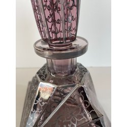 ANTICA BOTTIGLIA LIBERTY DECANTER CRISTALLO MOLATO VIOLA DECORO ARGENTO ANNI '20