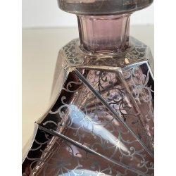 ANTICA BOTTIGLIA LIBERTY DECANTER CRISTALLO MOLATO VIOLA DECORO ARGENTO ANNI '20