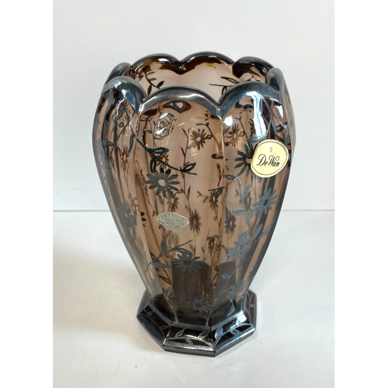 ANTICO VASO DE WAN DECO CRISTALLO VIOLA MOLATO DECORO FLOREALE ARGENTO ANNI '30