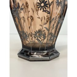 ANTICO VASO DE WAN DECO CRISTALLO VIOLA MOLATO DECORO FLOREALE ARGENTO ANNI '30