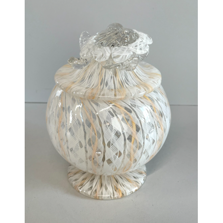 VASO VETRO MURANO BAROVIER TRECCIA TRASPARENTE FIORE BIANCO ROSA EPOCA 1900