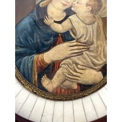 antica MADONNA con BAMBINO DIPINTO su RAME cornice OVALE arte sacra DEVOZIONALE