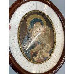 antica MADONNA con BAMBINO DIPINTO su RAME cornice OVALE arte sacra DEVOZIONALE