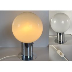 LAMPADA TAVOLO DESIGN MODERNO BASE METALLO CROMATO SFERA VETRO OPALINO H36cm '70