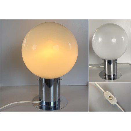 LAMPADA TAVOLO DESIGN MODERNO BASE METALLO CROMATO SFERA VETRO OPALINO H36cm '70
