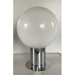 LAMPADA TAVOLO DESIGN MODERNO BASE METALLO CROMATO SFERA VETRO OPALINO H36cm '70
