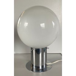 LAMPADA TAVOLO DESIGN MODERNO BASE METALLO CROMATO SFERA VETRO OPALINO H36cm '70