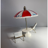 SET SPIAGGIA BAMBOLE MINIATURA CERAMICA METALLO SDRAIO OMBRELLONE DOLLHOUSE '50