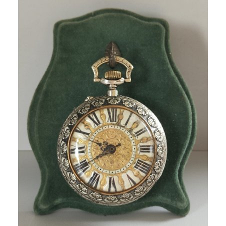 ANTICO OROLOGIO TASCA ARGENTATO epoca 800 DECORO LIBERTY Movimento tipo Roskopf