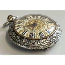 ANTICO OROLOGIO TASCA ARGENTATO epoca 800 DECORO LIBERTY Movimento tipo Roskopf