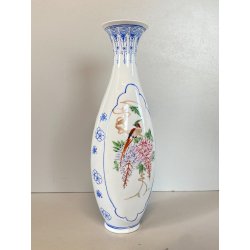 VASO SOLIFLORE PORCELLANA CINESE GUSCIO D'UOVO MOTIVO FIORI UCCELLI H 24,5cm '50