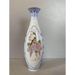 VASO SOLIFLORE PORCELLANA CINESE GUSCIO D'UOVO MOTIVO FIORI UCCELLI H 24,5cm '50