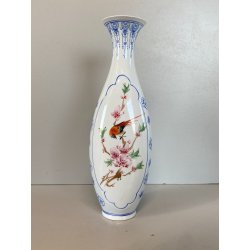 VASO SOLIFLORE PORCELLANA CINESE GUSCIO D'UOVO MOTIVO FIORI UCCELLI H 24,5cm '50