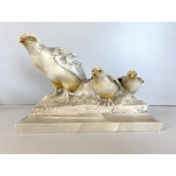 ANTICA SCULTURA ALABASTRO ANIMALIER ART DECO QUAGLIE PERNICI UCCELLI 16 cm/h