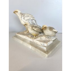 ANTICA SCULTURA ALABASTRO ANIMALIER ART DECO QUAGLIE PERNICI UCCELLI 16 cm/h