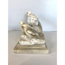 ANTICA SCULTURA ALABASTRO ANIMALIER ART DECO QUAGLIE PERNICI UCCELLI 16 cm/h