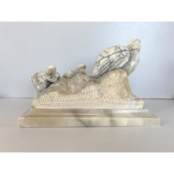 ANTICA SCULTURA ALABASTRO ANIMALIER ART DECO QUAGLIE PERNICI UCCELLI 16 cm/h