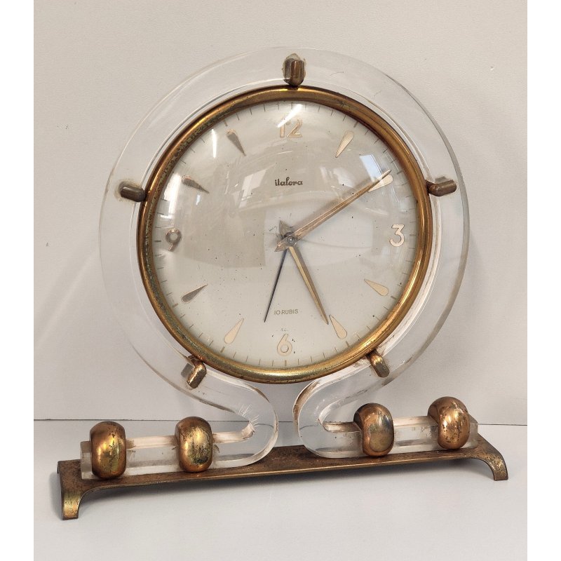ANTICO OROLOGIO TAVOLO Déco ITALORA anni 50 OTTONE DORATO LUCITE Sveglia CLOCK