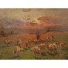Dipinto firmato L. POLLI, gregge tramonto, olio tavola