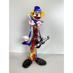 SCULTURA CLOWN MUSICISTA PAGLIACCIO VETRO MURANO SOMMERSO VINTAGE ANNI '60 H30cm