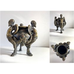 ANTICO CALAMAIO TRIPODE BRONZO SATIRI ALATI ZOCCOLI CAPRINI STILE RINASCIMENTALE