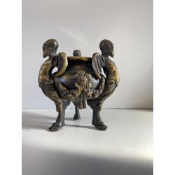 ANTICO CALAMAIO TRIPODE BRONZO SATIRI ALATI ZOCCOLI CAPRINI STILE RINASCIMENTALE