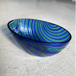 VASO BOWL OVALE VETRO MURANO CANNE RITORTE BLU ZAFFIRO VERDE SMERALDO 8 cm/h '80