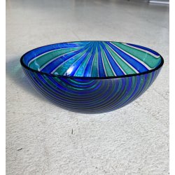 VASO BOWL OVALE VETRO MURANO CANNE RITORTE BLU ZAFFIRO VERDE SMERALDO 8 cm/h '80