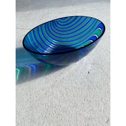 VASO BOWL OVALE VETRO MURANO CANNE RITORTE BLU ZAFFIRO VERDE SMERALDO 8 cm/h '80