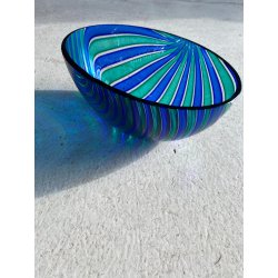 VASO BOWL OVALE VETRO MURANO CANNE RITORTE BLU ZAFFIRO VERDE SMERALDO 8 cm/h '80