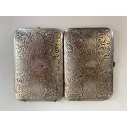 ANTICA SCATOLA TASCA METALLO ARGENTATO DECORO inciso SPECCHIO TRUCCO