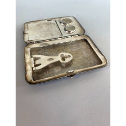 ANTICA SCATOLA TASCA METALLO ARGENTATO DECORO inciso SPECCHIO TRUCCO